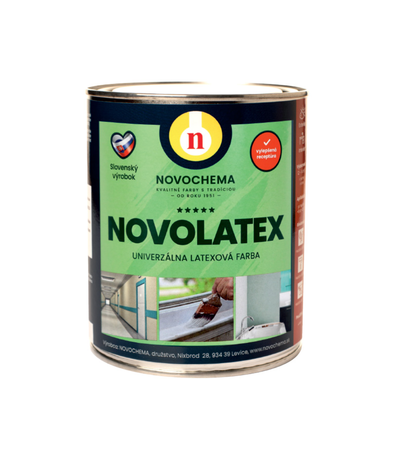colormika.sk-novochema-novolatex-univerzalna-latexova-farba-1 novolatex Je určený na náter omietok, tehál, betónu, dreva, lepenky, drevovláknitých dosiek papiera a podobných materiálov v interiéroch ako aj v exteriéroch.