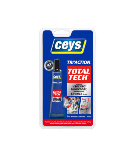 Ceys Tri’Action s technológiou Total Tech je výrobok 3 v 1: lepí, tmelí a opravuje akýkoľvek materiál v akejkoľvek situácii, pričom odoláva tým najdrsnejším podmienkam, vrátanie vody a vlhkosti. Ultra odolný, pružný a 100 % nepriepustný.