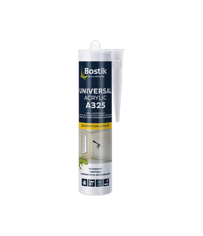 Bostik A325 UNIVERSAL ACRYLIC je všestranný tmel na báze akrylátovej disperzie. Po nanesení vytvorí odparením vody z tmelu mäkkú plastickú elastickú gumu.