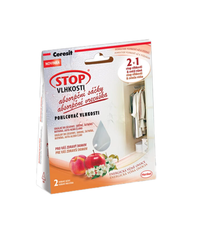 STOP VLHKOSTI absorpčné vrecúška sú malé, 50g jednorázové pohlcovače vlhkosti, ktoré pohlcujú vlhkosť, zatiaľ čo uvoľňujú príjemnú vôňu.