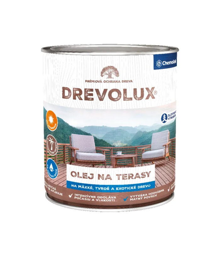 DREVOLUX Olej na terasy sa používa na pravidelnú údržbu a ochranu drevených terás a iných drevených pochôdznych plôch vrátane záhradného nábytku.