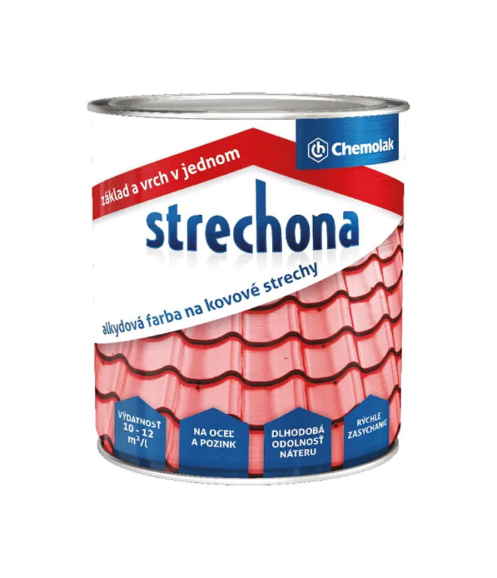 Strechona je antikorózna alkydová polomatná až matná farba 2v1 (základný a vrchný náter v jednom) určená na kovové podklady ako je oceľ a zoxidovaný pozink.