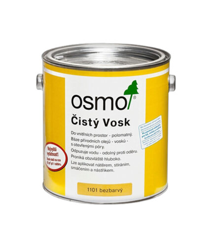 Osmo Čistý vosk je bezfarebný, hodvábne matný vosk, určený na ošetrenie všetkých typov drevených podláh, stropné a stenové obloženie, povrchu nábytku a hračiek.