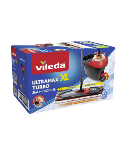 Táto kompletná sada Vileda Ultramax XL Turbo obsahuje plochý mop s teleskopickou rukoväťou a umývacím návlekom a tiež vedro so šlapacím pedálom.